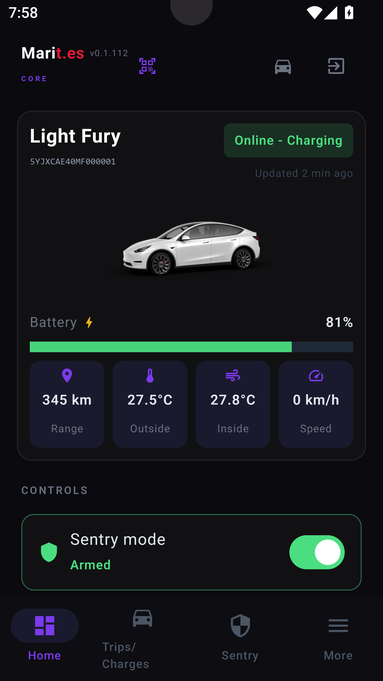 marit.es Dashboard showing vehicle status, battery and Sentry controls
