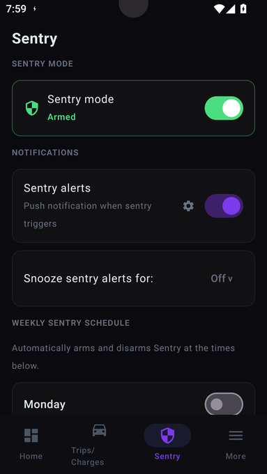 marit.es Sentry mode and alert settings screen